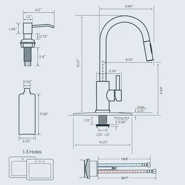 Alt view image 6 of 7 - Kitchen Faucet with Soap Dispenser, Brushed Nickel Single Handle No-Lead Stainless Steel Sink Faucet with Pull Down Sprayer, 1 or 3 Holes Deck Plate, High Arc Fit for Bar Farmhouse Laundry