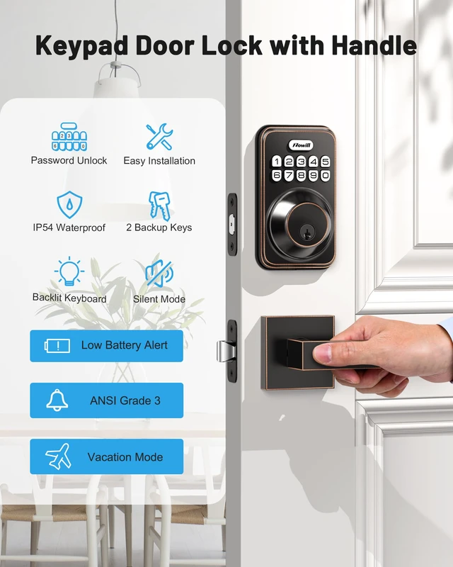 Alt view image 5 of 7 - Keyless Entry Keypad Deadbolt Lock with Handles, Oil Rubbed Bronze 20+ User Password, One-time Code, Auto Lock, Anti-Peeping Password, Low Battery Alert, ANSI Grade 3, for Front Door