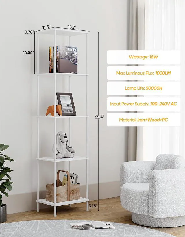 Alt view image 2 of 7 - Display Shelf with RGBCW Light, Color Changing Curio Cabinet Floor Lamp with Shelves Corner Standing Column Lamp Etagere Organizer Tower Nightstand Bookcase for Living Room Bedroom Office Décor White