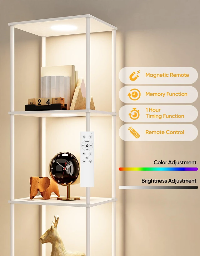 Alt view image 3 of 7 - Display Shelf with RGBCW Light, Color Changing Curio Cabinet Floor Lamp with Shelves Corner Standing Column Lamp Etagere Organizer Tower Nightstand Bookcase for Living Room Bedroom Office Décor White