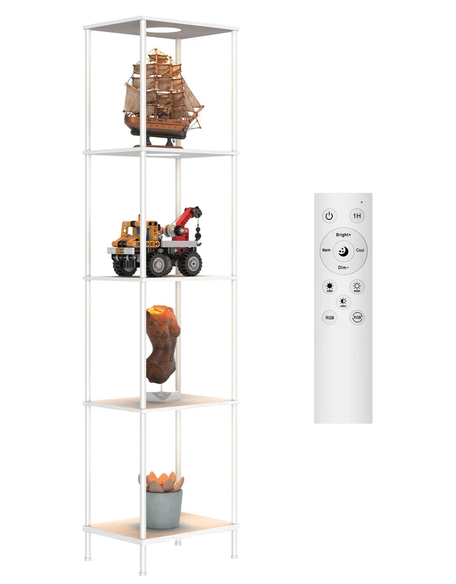 Alt view image 7 of 7 - Display Shelf with RGBCW Light, Color Changing Curio Cabinet Floor Lamp with Shelves Corner Standing Column Lamp Etagere Organizer Tower Nightstand Bookcase for Living Room Bedroom Office Décor White