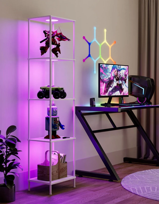 Alt view image 6 of 7 - Display Shelf with RGBCW Light, Color Changing Curio Cabinet Floor Lamp with Shelves Corner Standing Column Lamp Etagere Organizer Tower Nightstand Bookcase for Living Room Bedroom Office Décor White
