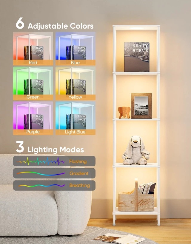 Alt view image 5 of 7 - Display Shelf with RGBCW Light, Color Changing Curio Cabinet Floor Lamp with Shelves Corner Standing Column Lamp Etagere Organizer Tower Nightstand Bookcase for Living Room Bedroom Office Décor White