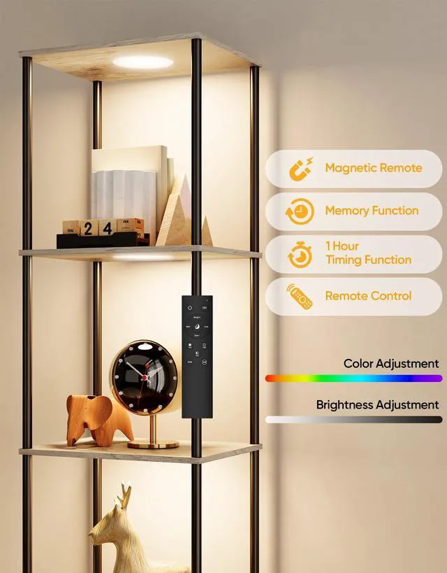 Alt view image 3 of 7 - Display Shelf with RGBW Light, Color Changing Curio Cabinet Floor Lamp with Shelves Corner Standing Column Lamp Etagere Organizer Tower Nightstand Bookcase for Living Room Bedroom Office Décor, Gray