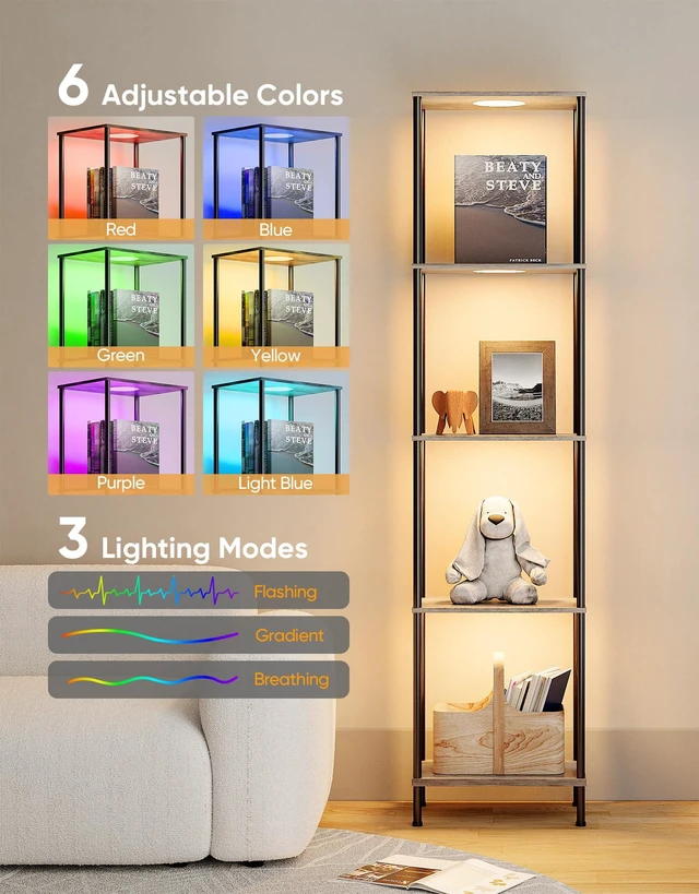 Alt view image 4 of 7 - Display Shelf with RGBW Light, Color Changing Curio Cabinet Floor Lamp with Shelves Corner Standing Column Lamp Etagere Organizer Tower Nightstand Bookcase for Living Room Bedroom Office Décor, Gray