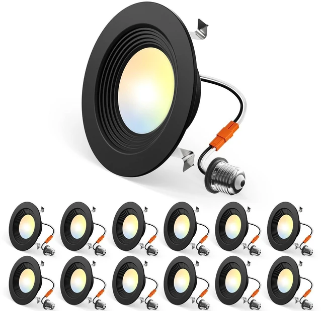 Main image of 12 Pack 4 inch 5CCT LED Recessed Lighting, Retrofit Can Lights, Black Dimmable, 8.5W=60W, 650LM, 2700K/3000K/4000K/5000K/6000K Selectable, Baffle Trim, Easy Install, IC & Damp Rated, ETL & FCC