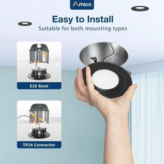 Alt view image 2 of 6 - 12 Pack 4 inch 5CCT LED Recessed Lighting, Retrofit Can Lights, Black Dimmable, 8.5W=60W, 650LM, 2700K/3000K/4000K/5000K/6000K Selectable, Baffle Trim, Easy Install, IC & Damp Rated, ETL & FCC