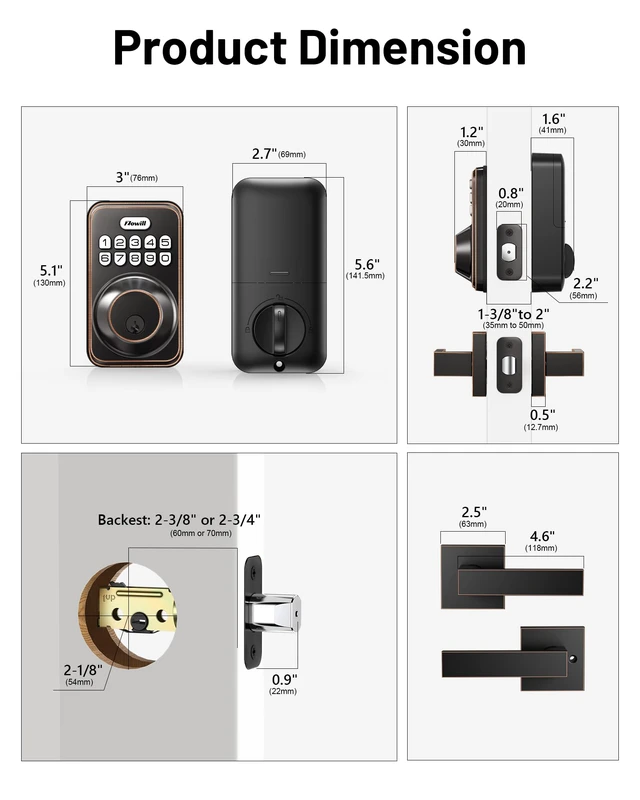Alt view image 6 of 7 - Keyless Entry Keypad Deadbolt Lock with Handles, Oil Rubbed Bronze 20+ User Password, One-time Code, Auto Lock, Anti-Peeping Password, Low Battery Alert, ANSI Grade 3, for Front Door