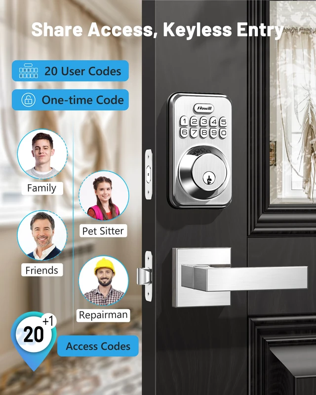 Alt view image 2 of 7 - Keyless Entry Keypad Deadbolt Lock with Handles, Satin Nickel 20+ User Password, One-time Code, Auto Lock, Anti-Peeping Password, Low Battery Alert, ANSI Grade 3, for Front Door