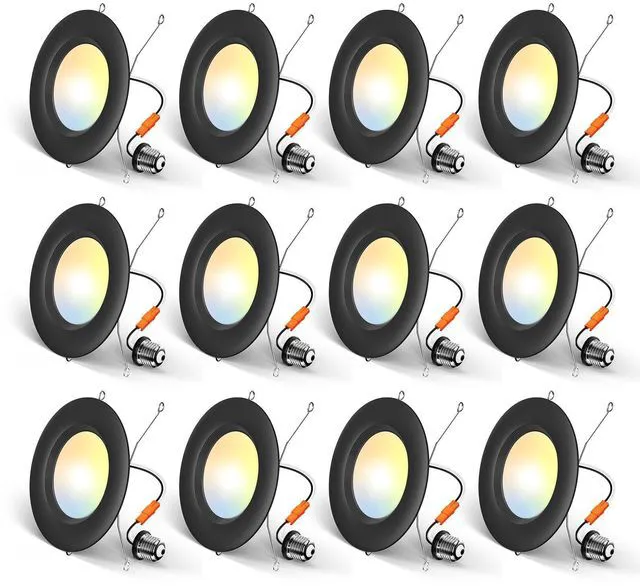 Main image of 12 Pack 5/6 inch LED Recessed Lighting, Retrofit Can Lights, Black Dimmable, 12.5W=100W, 950LM, 2700K/3000K/4000K/5000K/6000K Selectable, Baffle Trim, Easy Install, IC & Damp Rated, ETL & FCC