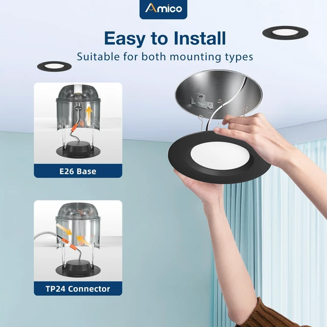 Alt view image 2 of 6 - 12 Pack 5/6 inch LED Recessed Lighting, Retrofit Can Lights, Black Dimmable, 12.5W=100W, 950LM, 2700K/3000K/4000K/5000K/6000K Selectable, Baffle Trim, Easy Install, IC & Damp Rated, ETL & FCC