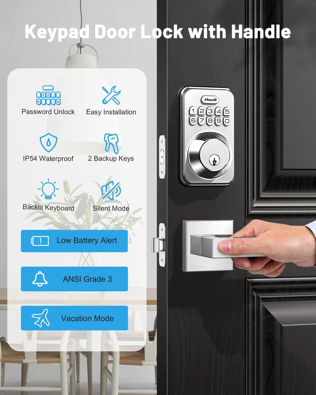 Alt view image 5 of 7 - Keyless Entry Keypad Deadbolt Lock with Handles, Satin Nickel 20+ User Password, One-time Code, Auto Lock, Anti-Peeping Password, Low Battery Alert, ANSI Grade 3, for Front Door