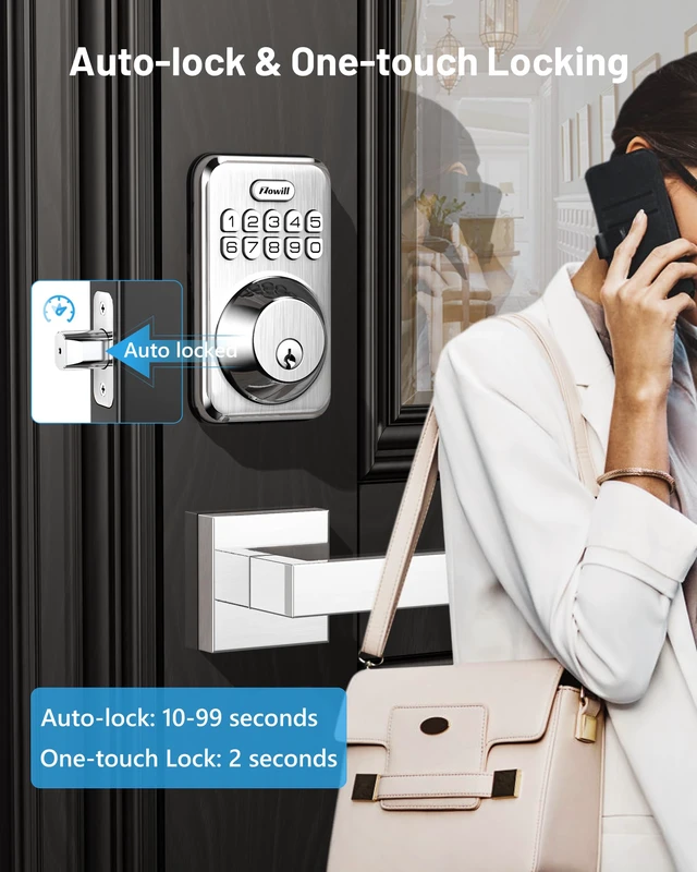 Alt view image 3 of 7 - Keyless Entry Keypad Deadbolt Lock with Handles, Satin Nickel 20+ User Password, One-time Code, Auto Lock, Anti-Peeping Password, Low Battery Alert, ANSI Grade 3, for Front Door