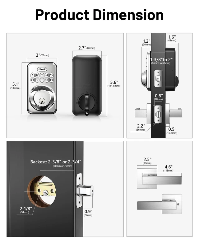 Alt view image 6 of 7 - Keyless Entry Keypad Deadbolt Lock with Handles, Satin Nickel 20+ User Password, One-time Code, Auto Lock, Anti-Peeping Password, Low Battery Alert, ANSI Grade 3, for Front Door