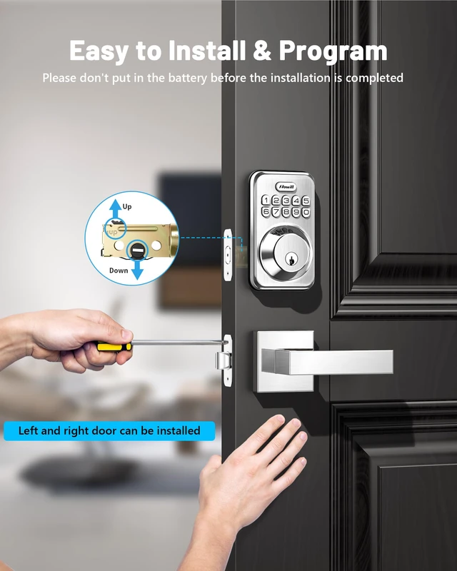 Alt view image 7 of 7 - Keyless Entry Keypad Deadbolt Lock with Handles, Satin Nickel 20+ User Password, One-time Code, Auto Lock, Anti-Peeping Password, Low Battery Alert, ANSI Grade 3, for Front Door
