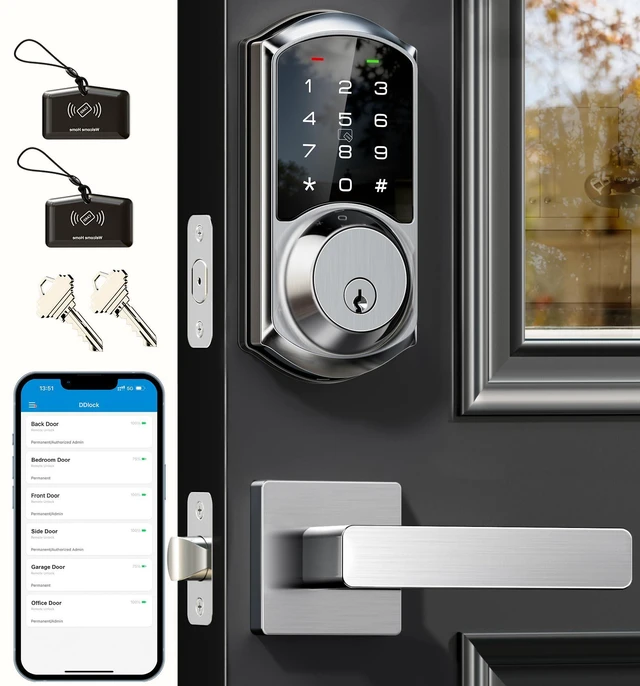 Main image of VE06-L Smart Deadbolt Lock with 2 Lever Handle Set, Satin Nickel App & Fob Control, Electronic Digital Touchscreen Keypad, Remote Access Sharing, Keyless Entry for Front Door, Auto Lock