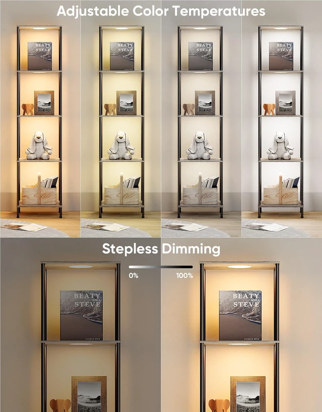 Alt view image 5 of 7 - Display Shelf with RGBW Light, Color Changing Curio Cabinet Floor Lamp with Shelves Corner Standing Column Lamp Etagere Organizer Tower Nightstand Bookcase for Living Room Bedroom Office Décor, Gray