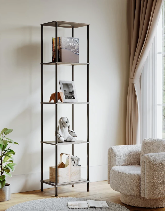 Alt view image 7 of 7 - Display Shelf with RGBW Light, Color Changing Curio Cabinet Floor Lamp with Shelves Corner Standing Column Lamp Etagere Organizer Tower Nightstand Bookcase for Living Room Bedroom Office Décor, Gray