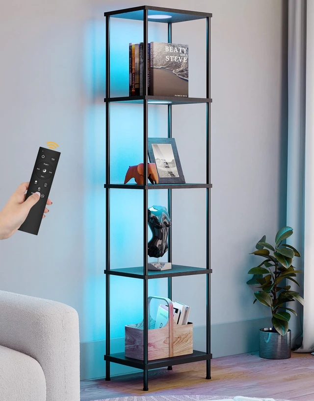 Main image of Display Shelf with RGBW Light, Color Changing Curio Cabinet Floor Lamp with Shelves Corner Standing Column Lamp Etagere Organizer Tower Nightstand Bookcase for Living Room Bedroom Office Décor Black