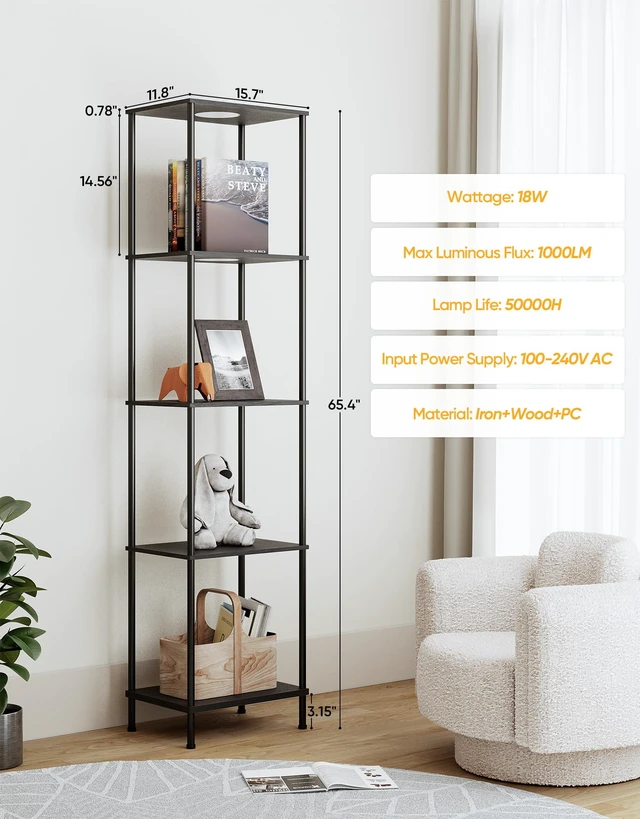 Alt view image 2 of 7 - Display Shelf with RGBW Light, Color Changing Curio Cabinet Floor Lamp with Shelves Corner Standing Column Lamp Etagere Organizer Tower Nightstand Bookcase for Living Room Bedroom Office Décor Black