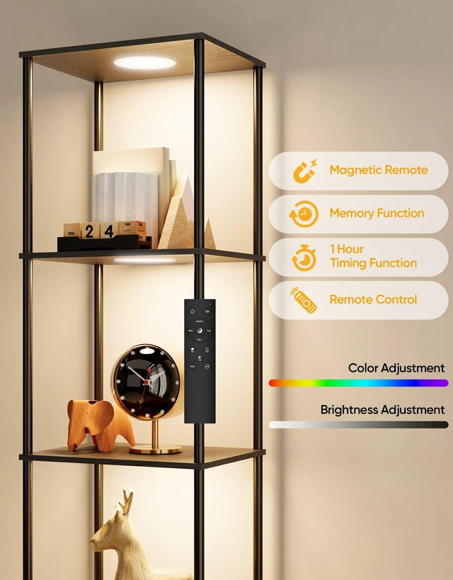 Alt view image 3 of 7 - Display Shelf with RGBW Light, Color Changing Curio Cabinet Floor Lamp with Shelves Corner Standing Column Lamp Etagere Organizer Tower Nightstand Bookcase for Living Room Bedroom Office Décor Black