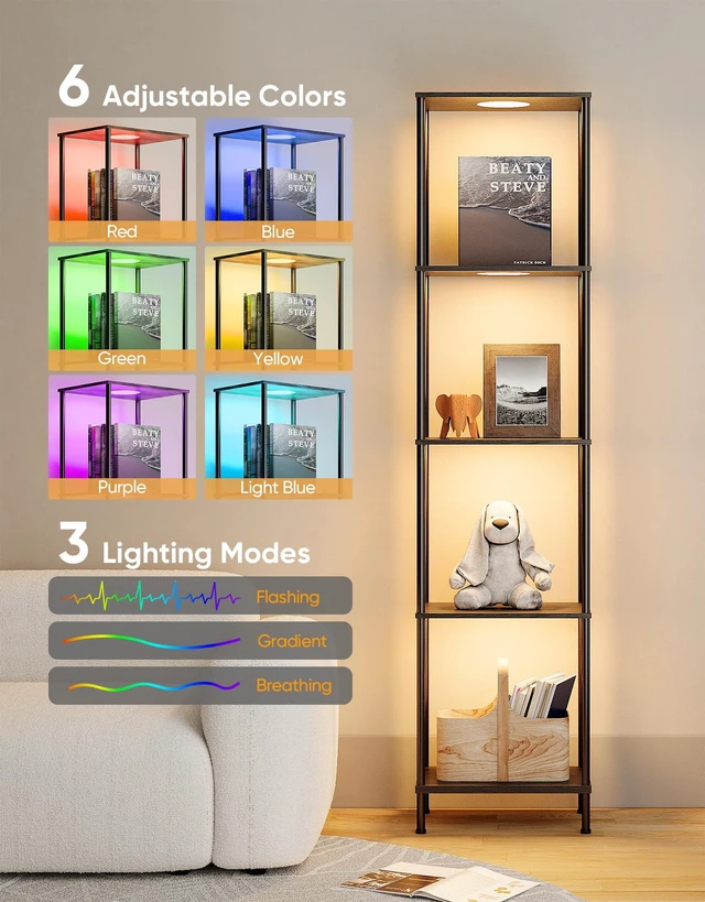 Alt view image 5 of 7 - Display Shelf with RGBW Light, Color Changing Curio Cabinet Floor Lamp with Shelves Corner Standing Column Lamp Etagere Organizer Tower Nightstand Bookcase for Living Room Bedroom Office Décor Black