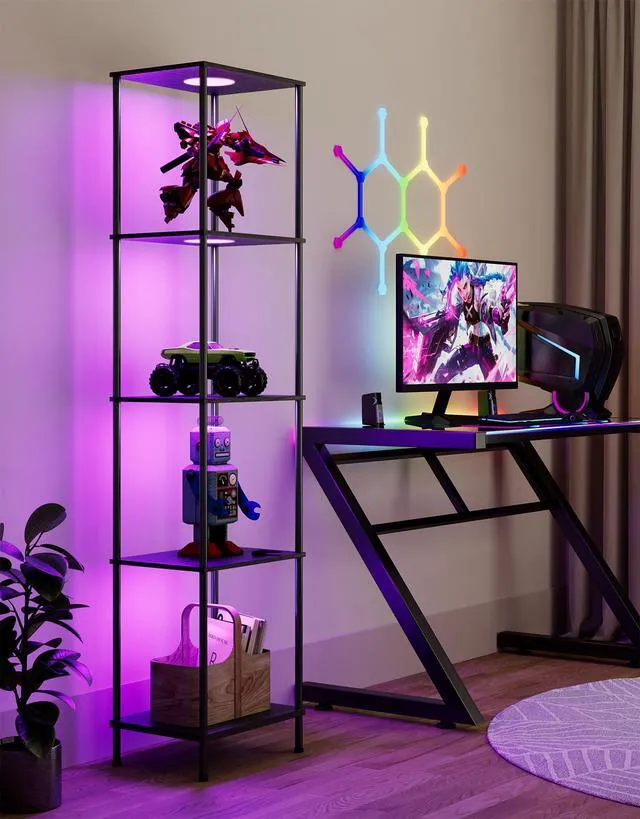 Alt view image 6 of 7 - Display Shelf with RGBW Light, Color Changing Curio Cabinet Floor Lamp with Shelves Corner Standing Column Lamp Etagere Organizer Tower Nightstand Bookcase for Living Room Bedroom Office Décor Black