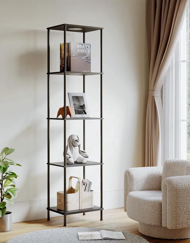 Alt view image 7 of 7 - Display Shelf with RGBW Light, Color Changing Curio Cabinet Floor Lamp with Shelves Corner Standing Column Lamp Etagere Organizer Tower Nightstand Bookcase for Living Room Bedroom Office Décor Black