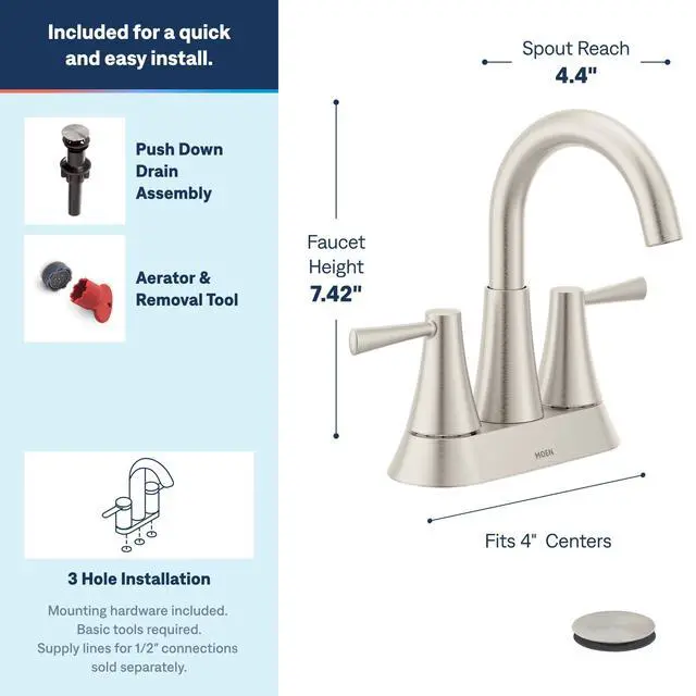 Alt view image 3 of 7 - Ronan Spot Resist Brushed Nickel Two-Handle 4" Centerset Modern Bathroom Faucet with Push-Down Drain, 84022SRN