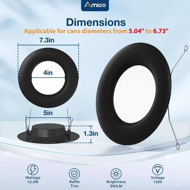 Alt view image 5 of 6 - 12 Pack 5/6 inch LED Recessed Lighting, Retrofit Can Lights, Black Dimmable, 12.5W=100W, 950LM, 2700K/3000K/4000K/5000K/6000K Selectable, Baffle Trim, Easy Install, IC & Damp Rated, ETL & FCC