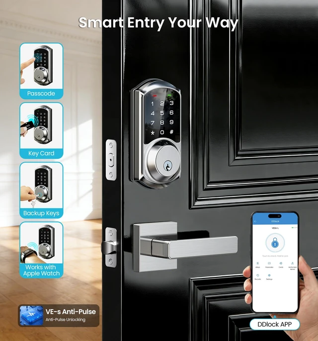 Alt view image 2 of 7 - VE06-L Smart Deadbolt Lock with 2 Lever Handle Set, Satin Nickel App & Fob Control, Electronic Digital Touchscreen Keypad, Remote Access Sharing, Keyless Entry for Front Door, Auto Lock