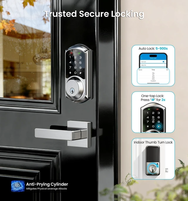 Alt view image 3 of 7 - VE06-L Smart Deadbolt Lock with 2 Lever Handle Set, Satin Nickel App & Fob Control, Electronic Digital Touchscreen Keypad, Remote Access Sharing, Keyless Entry for Front Door, Auto Lock