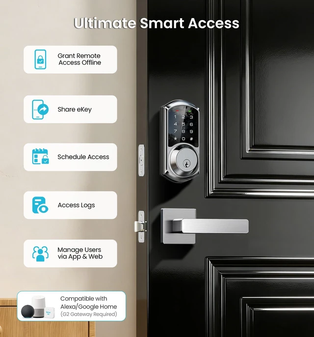 Alt view image 4 of 7 - VE06-L Smart Deadbolt Lock with 2 Lever Handle Set, Satin Nickel App & Fob Control, Electronic Digital Touchscreen Keypad, Remote Access Sharing, Keyless Entry for Front Door, Auto Lock