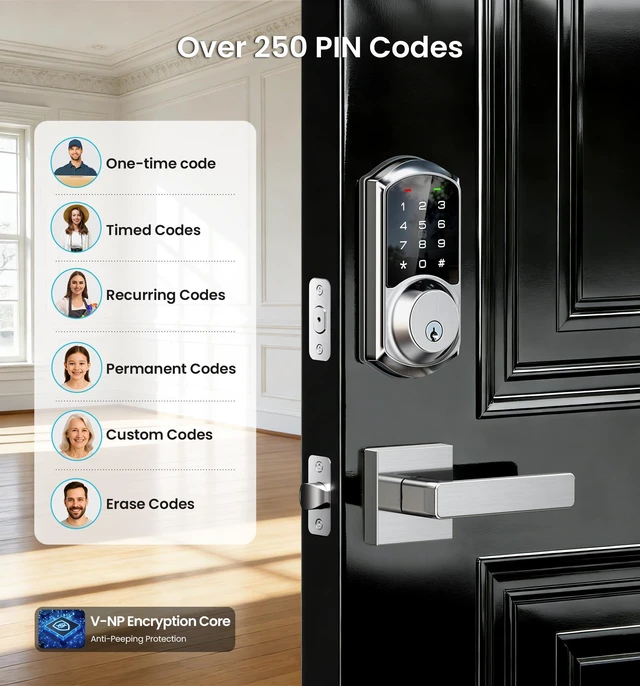 Alt view image 6 of 7 - VE06-L Smart Deadbolt Lock with 2 Lever Handle Set, Satin Nickel App & Fob Control, Electronic Digital Touchscreen Keypad, Remote Access Sharing, Keyless Entry for Front Door, Auto Lock