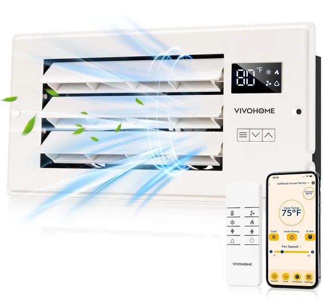 Main image of Register Booster Fan - 4'' x 10'' Opening with Adjustable Louver Smart Thermostat & 10-Speed WIFI App Control - AC Vent Fan for Floor, Ceiling, Wall - Quiet Operation (White)
