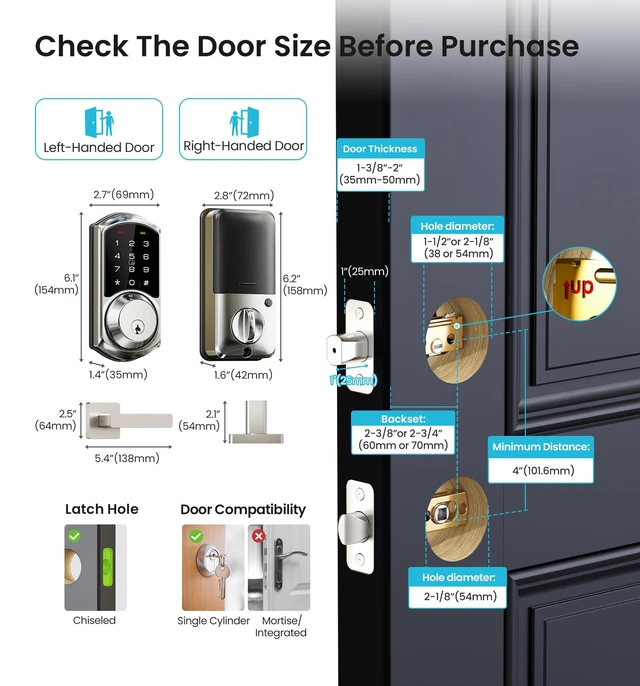 Alt view image 7 of 7 - VE06-L Smart Deadbolt Lock with 2 Lever Handle Set, Satin Nickel App & Fob Control, Electronic Digital Touchscreen Keypad, Remote Access Sharing, Keyless Entry for Front Door, Auto Lock