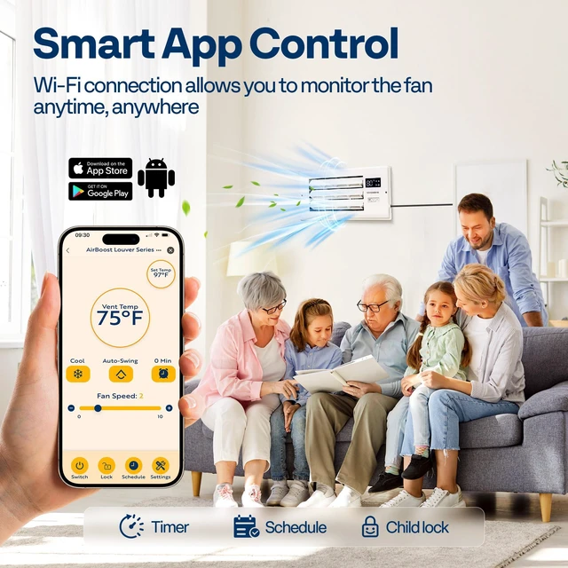 Alt view image 4 of 7 - Register Booster Fan - 4'' x 10'' Opening with Adjustable Louver Smart Thermostat & 10-Speed WIFI App Control - AC Vent Fan for Floor, Ceiling, Wall - Quiet Operation (White)