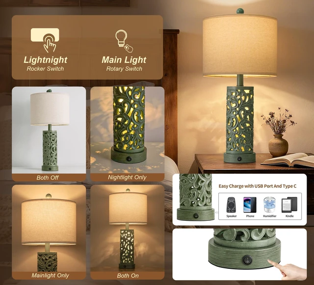 Alt view image 2 of 7 - 22'' Table Lamp Set of 2 for Living Room, Farmhouse Lamp for Bedroom, Vintage Bedside Lamps with Retro Design and USB Ports, Linen Shade for Home Office (Bulb Included, Green)