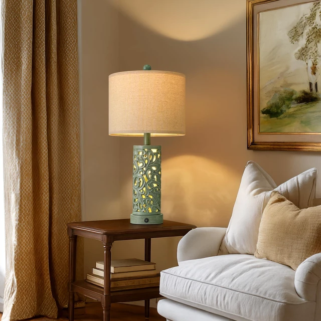 Alt view image 3 of 7 - 22'' Table Lamp Set of 2 for Living Room, Farmhouse Lamp for Bedroom, Vintage Bedside Lamps with Retro Design and USB Ports, Linen Shade for Home Office (Bulb Included, Green)