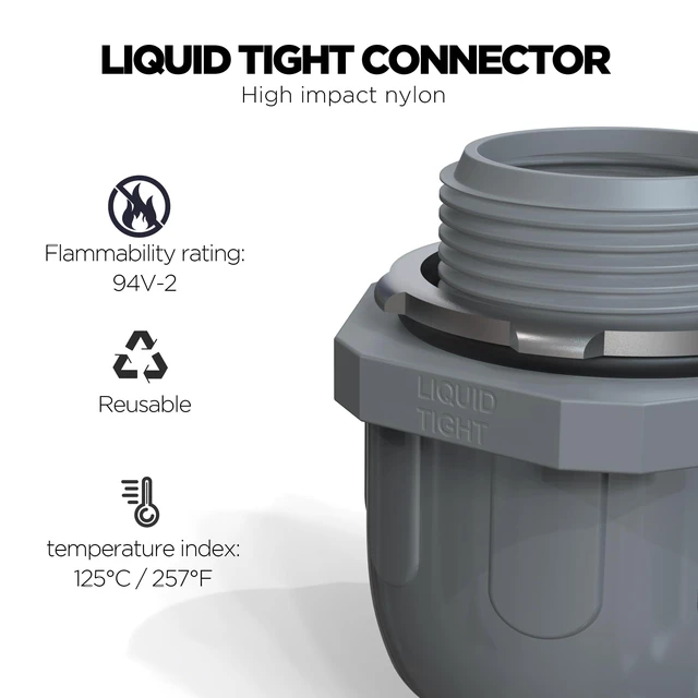Alt view image 2 of 6 - Conduit Connectors, 1/2 Inch, Straight, Grey, 150-Pack Liquid Tight Connector, NPT, Non-Metallic, for PVC Electrical Flexible Conduit Fittings, 180 Degree, UL Listed