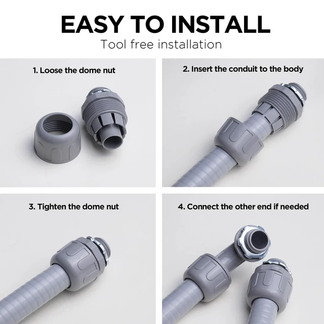 Alt view image 6 of 6 - Conduit Connectors, 1/2 Inch, Straight, Grey, 150-Pack Liquid Tight Connector, NPT, Non-Metallic, for PVC Electrical Flexible Conduit Fittings, 180 Degree, UL Listed