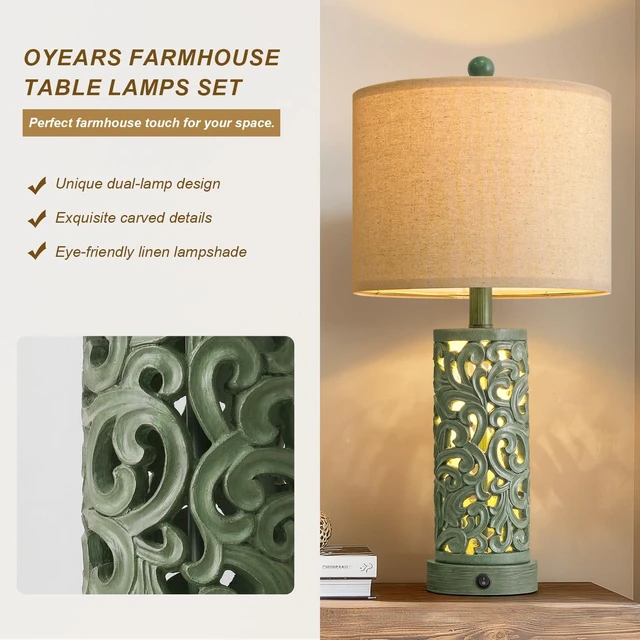Alt view image 4 of 7 - 22'' Table Lamp Set of 2 for Living Room, Farmhouse Lamp for Bedroom, Vintage Bedside Lamps with Retro Design and USB Ports, Linen Shade for Home Office (Bulb Included, Green)