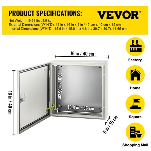 Alt view image 7 of 7 - NEMA Steel Enclosure, 16 x 16 x 6'' NEMA 4X Steel Electrical Box, IP66 Waterproof & Dustproof, Outdoor/Indoor Electrical Junction Box, with Mounting Plate