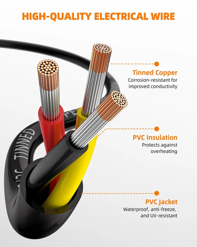 Alt view image 2 of 7 - 16 Gauge Wire, 16/3 Conductor Tinned Copper Electrical Wire, 100FT Flexible, Waterproof & Flame-Retardant Low-Voltage 16 AWG 3 Wire Cable with PVC Jacket for Automotive, RV, Marine, LED Strip