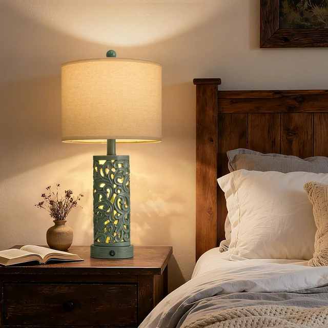 Alt view image 6 of 7 - 22'' Table Lamp Set of 2 for Living Room, Farmhouse Lamp for Bedroom, Vintage Bedside Lamps with Retro Design and USB Ports, Linen Shade for Home Office (Bulb Included, Green)