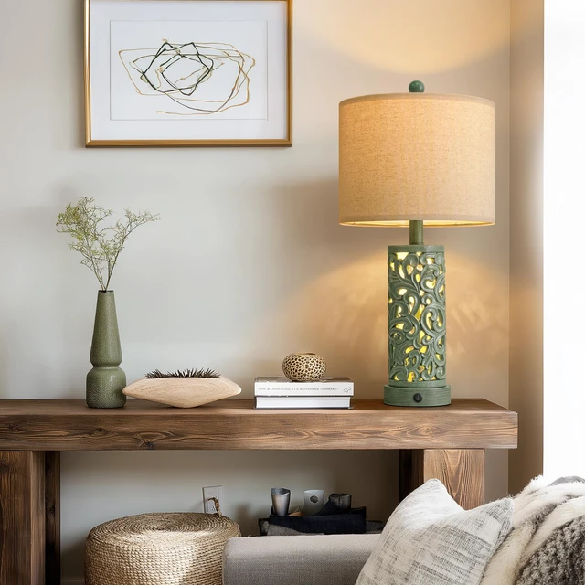 Alt view image 7 of 7 - 22'' Table Lamp Set of 2 for Living Room, Farmhouse Lamp for Bedroom, Vintage Bedside Lamps with Retro Design and USB Ports, Linen Shade for Home Office (Bulb Included, Green)