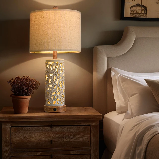 Alt view image 2 of 7 - 22'' Table Lamp Set of 2 for Living Room,Farmhouse Lamp for for Bedroom,Vintage Retro Bedside Lamps with USB Ports Linen Shade for Home Office (Brown, Bulb Included)
