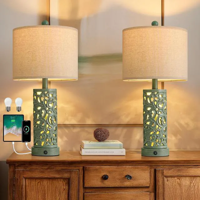 Alt view image 5 of 7 - 22'' Table Lamp Set of 2 for Living Room, Farmhouse Lamp for Bedroom, Vintage Bedside Lamps with Retro Design and USB Ports, Linen Shade for Home Office (Bulb Included, Green)