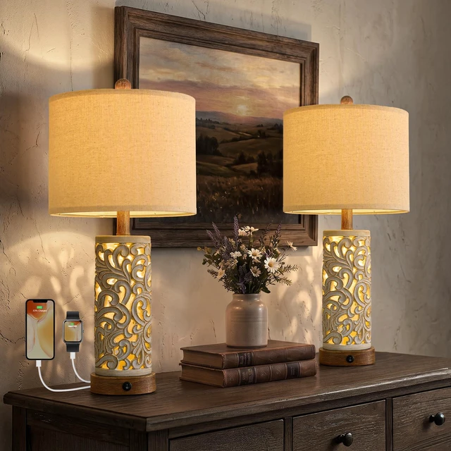 Main image of 22'' Table Lamp Set of 2 for Living Room,Farmhouse Lamp for for Bedroom,Vintage Retro Bedside Lamps with USB Ports Linen Shade for Home Office (Brown, Bulb Included)