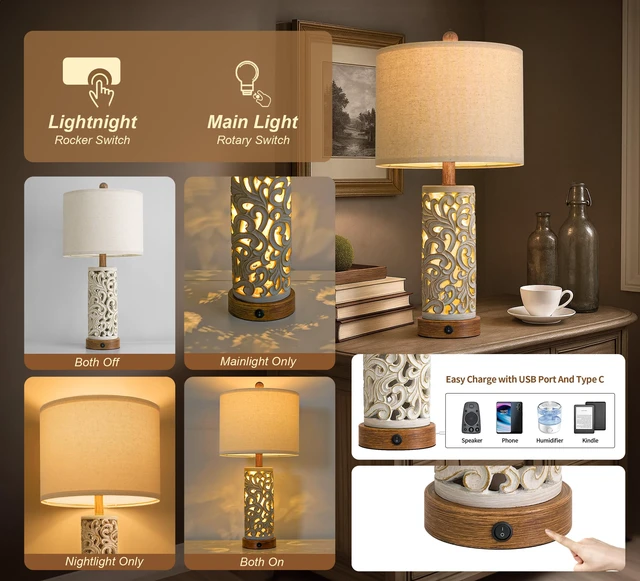 Alt view image 3 of 7 - 22'' Table Lamp Set of 2 for Living Room,Farmhouse Lamp for for Bedroom,Vintage Retro Bedside Lamps with USB Ports Linen Shade for Home Office (Brown, Bulb Included)